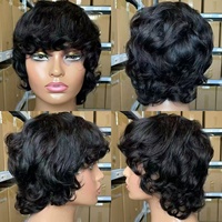 Perruque féminine noire en cheveux humains 100% résistants à la chaleur, coupe féerique, sans adhésif, pour l'été