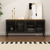 Meuble TV et armoire de rangement moderne essentiel à grande capacité pour bureau à domicile, avec porte en maille métallique noire et compartiments en bois