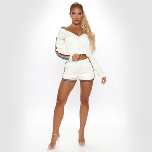 Women's <b>White</b> Knitted Off Shoulder Crop Top With Multi Color Stripe Shorts <b>Set</b> Casual Spring Summer Loose Fit <b>2</b> <b>Piece</b> Outfit - Product Image 1