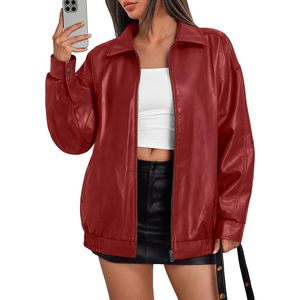 FOXA Women's Leather Bomber Jacket Oversized Full Sleeve Woven Fabric Statement Piece - Product Image 1