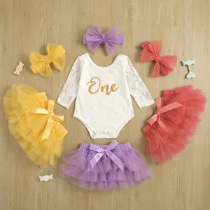 Abiti da compleanno per neonate estive set 3 pezzi pagliaccetto a maniche lunghe in pizzo Tutu gonne fascia per capelli