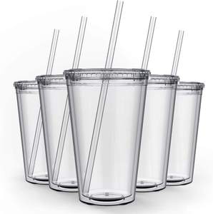 16 OZ <b>Plastic</b> Double Wall Tumbler <b>Cup</b> with Straw and Lid Made In Vietnam - Product Image 1