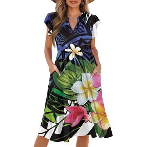All'ingrosso Plumeria tribale polinesiano Custom alla moda abiti da donna con scollo a V maniche a volant bei vestiti per giovani donne - Product Image 3