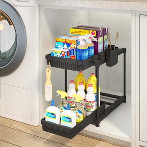 Cesta de almacenamiento extraíble debajo del fregadero de 2 niveles, organizador de cajones de gabinete deslizantes de plástico para organización de cocina y baño - Product Image 6