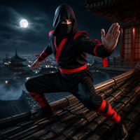 Deluxe Halloween Ninja-Anzug für Herren - Schwarz & Rot Kontrastierender Roter Besatz Atmungsaktives Polyester Erwachsenen-Kostüm S-XXL TV & Film