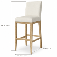 Tabouret de bar rembourré avec pieds en bois massif, assise et dossier en tissu tissé ivoire, chaise de bar sans accoudoirs pour îlot de cuisine