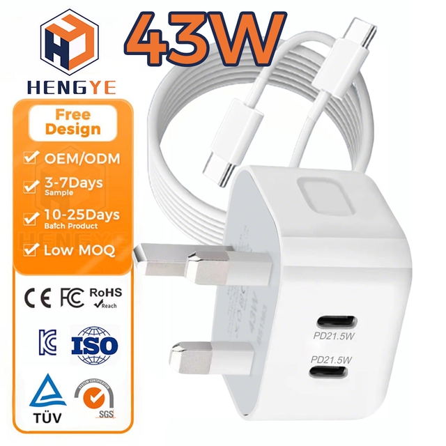 PD 43W 20W 18W 2-Port USB-C GaN Fast Charging Electric Adapter for Camera & Tablet Travel Wall Charger