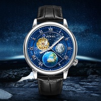 Montre mécanique entièrement automatique avec bracelet en cuir véritable, fermoir papillon, étanche, aiguilles lumineuses, cadran ciel étoilé en métal