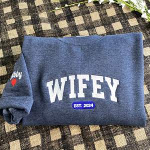 Customized <strong>Wifey</strong> Est 2024 Crewneck <strong>Sweatshirt</strong> Embroidered Engagement Gift for Bride New Wife Winter Knitted 3D Pattern - Product Image 1