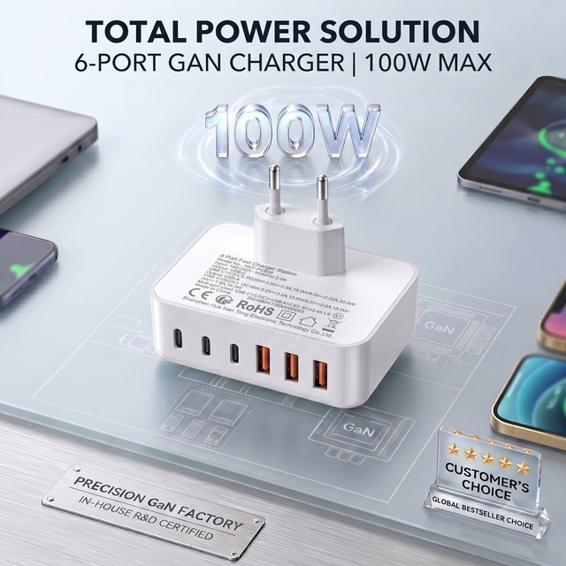 HNT 100W Multi 6 Port GaN Power Adapter 3 USB C 3 USB-A Fast Desktop Charging Station for Mobile Phone Laptop Tablet Factory OEM