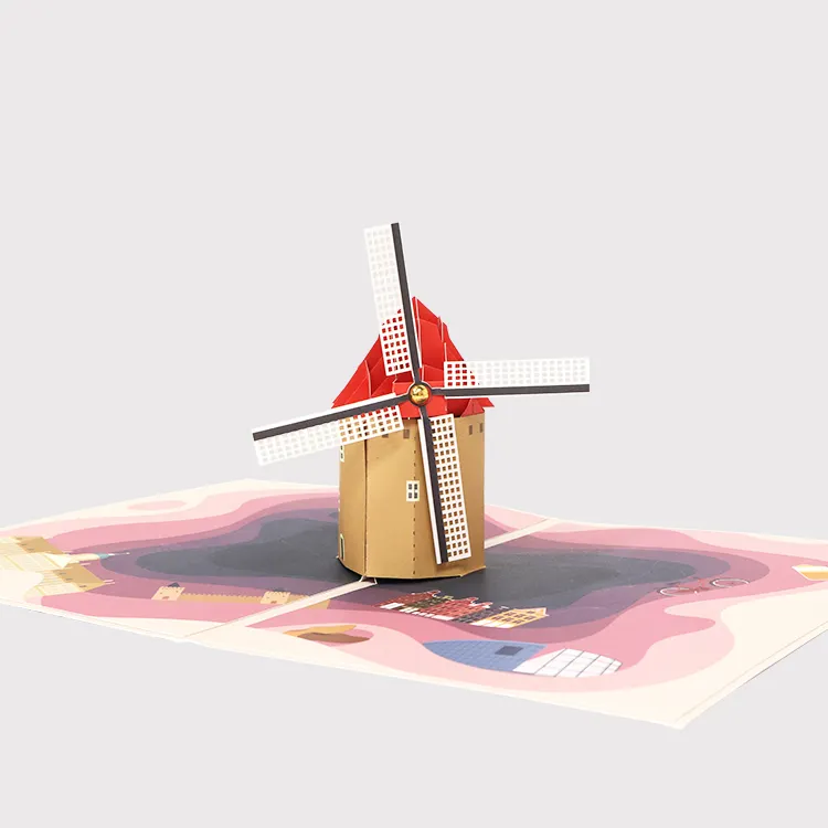 Winpsheng Custom 3d Gebouw Ontwerp Nederland Windmolen Pop-Up Wenskaart Voor Reis Souvenir