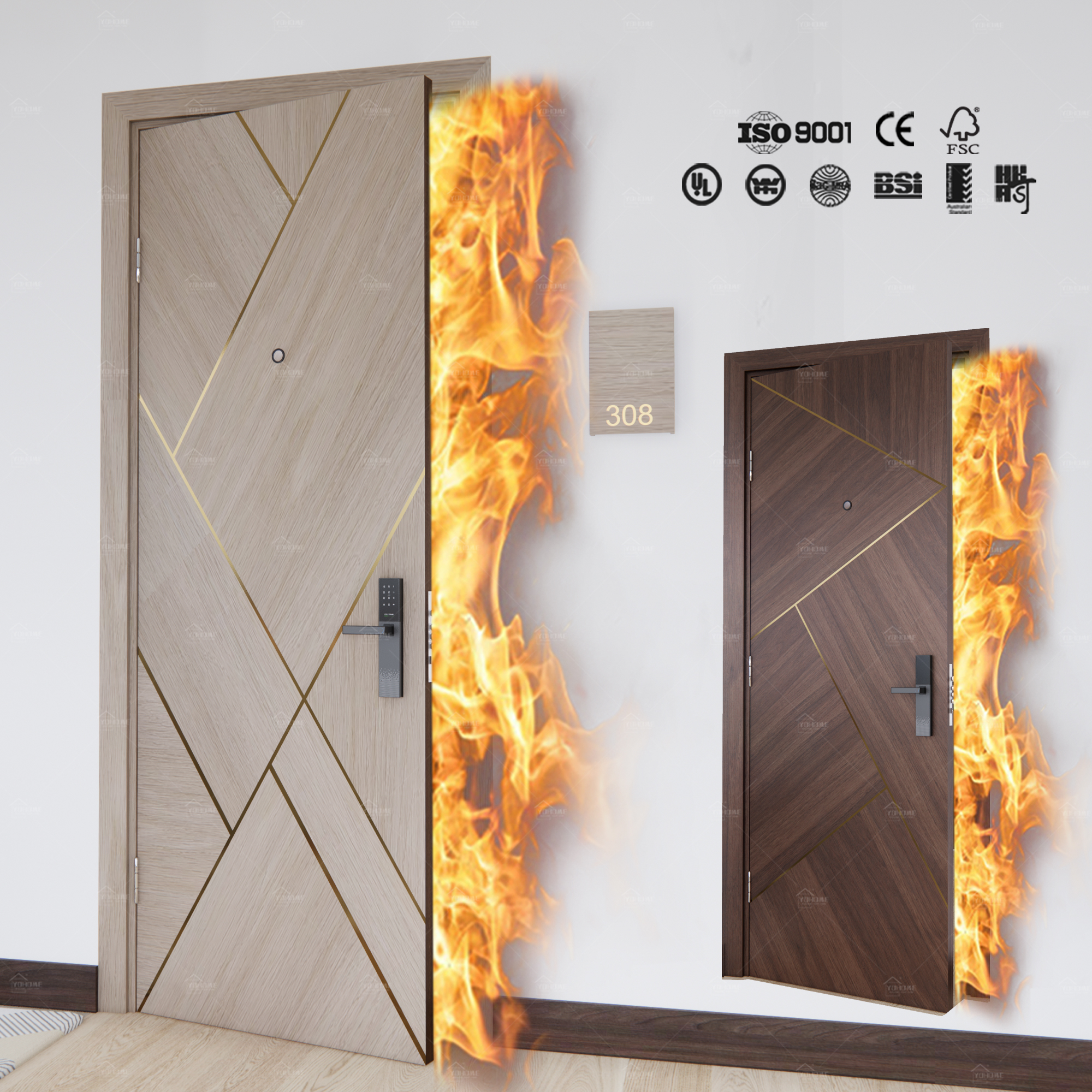 U-L American Approved Hotel Project Perlite Filling Fire Rated Doors for Hotel Wood 45 Mins Fireproof Wood Door
