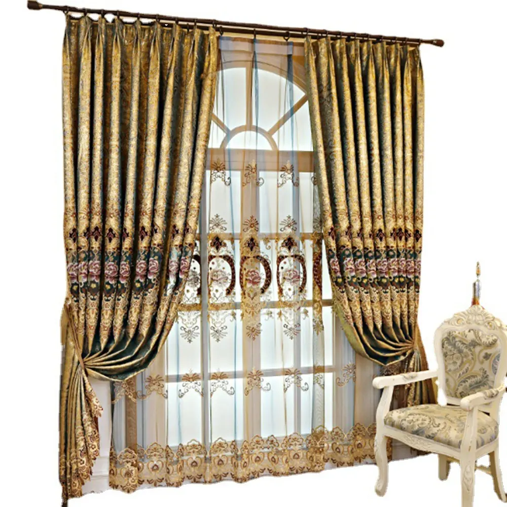 ผ้าม่านหน้าต่างสำหรับห้องนั่งเล่น,ผ้าม่านหน้าต่างทำจากผ้าสีทองหรูหราดีไซน์ใหม่