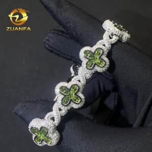 New Arrival Flower Shape Cuban <strong>Bracelet</strong> Iced Out Hip Hop Jewelry 925 Sliver VVS Moissanite Olive Green <strong>Infinity</strong> Cuban <strong>Bracelet</strong> - Product Image 1