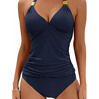 Baju Renang Tankini Warna Solid Grosir dengan Kerah V dan Ikat Leher, Dua Potong, untuk Fitness