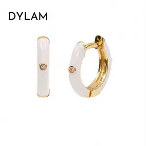 Dylam Sterling Silver 925 Enamel White Hoop CZ Earrings Bulk Order Small Minimalist Gold Plated Silver Hoops