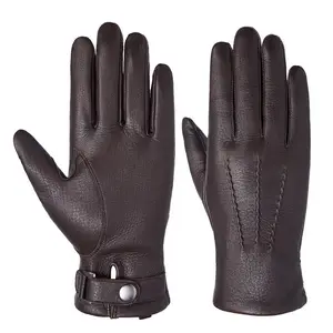 Оптовая продажа, мужские коричневые зимние перчатки из натуральной кожи оленя для вождения автомобиля