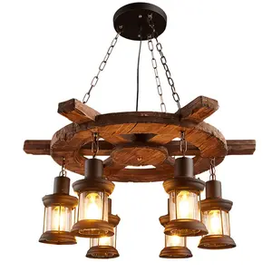 3 Lampu Kepala Retro Loft Kayu Lampu Gantung Kayu Solid Led Antik Lampu LED untuk Kedai Kopi dan Bar Rami Tali Besi Lampu Gantung