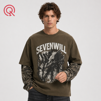 T-shirt Homme Coupe Boxy Personnalisée en Coton Épais Délavé à l'Acide, Imprimé Camouflage Graphique, Double Couche, Style Oversize et Tendance