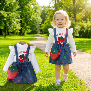 <span class=keywords><strong>Vestiti</strong></span> per bambine autunno primavera manica lunga con stampa fragola camicia bianca set gonna con cinturino in Jeans <span class=keywords><strong>vestiti</strong></span> per bambine - Product Image 1