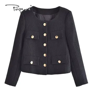 R31045S Autumn O neck Soft Woolen Black Tweed Coat Cropped Vintage Women Gold Buttons Full Sleeve Short Blazer Elegant Jacket