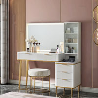 Meja Rias Modern Putih dengan Cermin Berlampu, 5 Laci, Rak, Permukaan Kaca, Meja Rias Modern Besar untuk Kamar Tidur, Panel Kayu