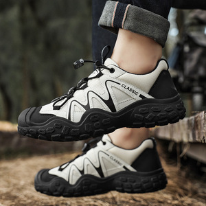 Men's Black White Color-<b>block</b> Hiking Shoes, Non-slip Quick-lace Outdoor Trekking Sneakers, Breathable - Product Image 1