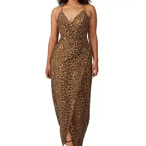 Leopard in dài ăn mặc backless chân tiết lộ buổi tối Gown v-cổ cho phụ nữ ăn mặc Maxi Dress Ladies