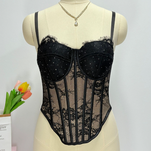 Lingerie Saint-Valentin : <span class=keywords><strong>Soutien</strong></span>-<span class=keywords><strong>gorge</strong></span> sexy et Corset Top Saint-Valentin en dentelle noire orné de strass, fin, respirant, haut de gamme, push-up, avec baleines et crochets robustes, logo - Product Image 6