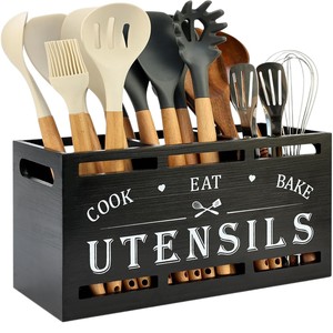 Solid Wood Cutlery Organizer Box With Engraved Utensils <b>Storage</b> <b>Kitchen</b> Drawer Divider Compartment Wooden Box - Product Image 1