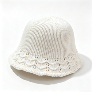 OEM ODM Custom Logo Unisex Beige Striped <b>Leaf</b> Cable Knit Bucket Fisherman Hat Soft Warm Ribbed Knitted All Season - Product Image 3
