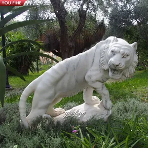 Escultura de tigre de mármol tallado a mano para jardín, estatua de jardín al aire libre