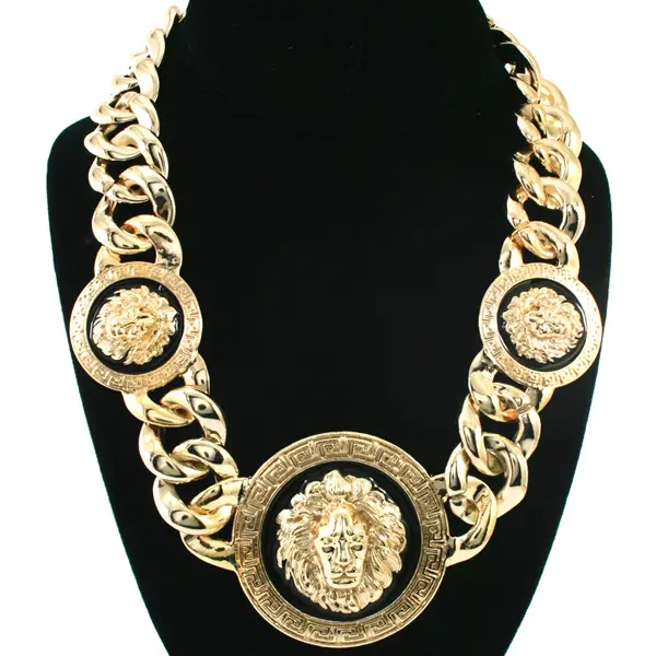 Hip Hop Statement Celebrity Style Chunky Link Chain Necklace Gold Ton Big Lion Head Pendant with Black Enamel