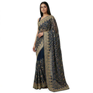 Sarees de Georgette para Novia, con Bordado de Hilo Zari, Pedrería, Reversibles, Ropa de Fiesta India y Pakistaní - Product Image 1