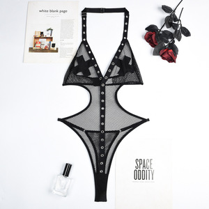 New Hanging Neck <b>Perspective</b> Mesh Embroidery Breathable Bodysuit Sexy Hollow Women's Lingerie Set for Nightclub - Product Image 6