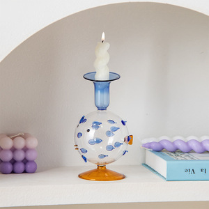 Portavelas de Vidrio con Forma de <span class=keywords><strong>Pez</strong></span> Burbuja, Decorativo con Puntos Azules, para Decoración de Hogar de Estilo Costero - Product Image 4