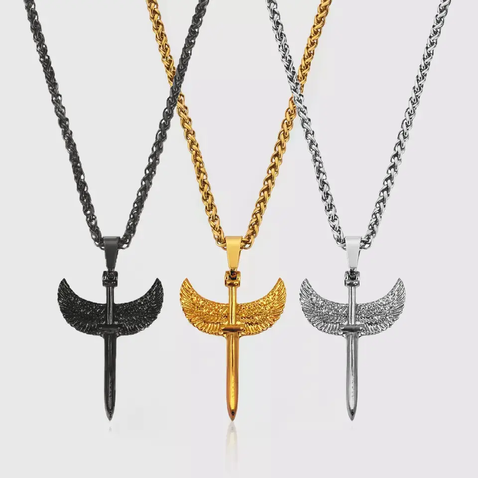 316L Stainless Steel Real Gold Cross Pendant Waterproof Jewelry Angel Wings Sword Necklace Wheat Chain Hip Hop Necklace For Men