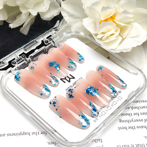 Venta al por Mayor de 10 <span class=keywords><strong>Uñas</strong></span> Acrílicas Largas con Forma de Almendra, Color <span class=keywords><strong>Rosa</strong></span> Nude Brillante con Puntas Plateadas <span class=keywords><strong>y</strong></span> Azules, <span class=keywords><strong>Uñas</strong></span> Postizas Reutilizables - Product Image 2