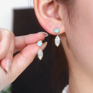Joyería personalizada de oro de 14 quilates, pendientes colgantes con diamante de laboratorio de 3 quilates con corte marquesa y engaste de bisel, pendiente con zafiro de laboratorio redondo de 1 quilate. - Product Image 3
