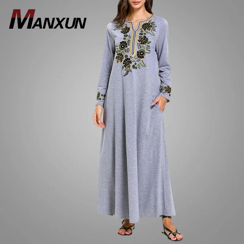 Modest Women Clothing Elegant Casual Embroidery Style Dubai Abaya Long Sleeve Muslim Long Dress For Ladies