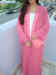 Hafizah Hot Pink Abaya Wanita Muslim Kimono Terbuka dengan Renda Scallop Chiffon Dubai Islami Grosir Gaun Maxi <span class=keywords><strong>Cardigan</strong></span> - Product Image 1
