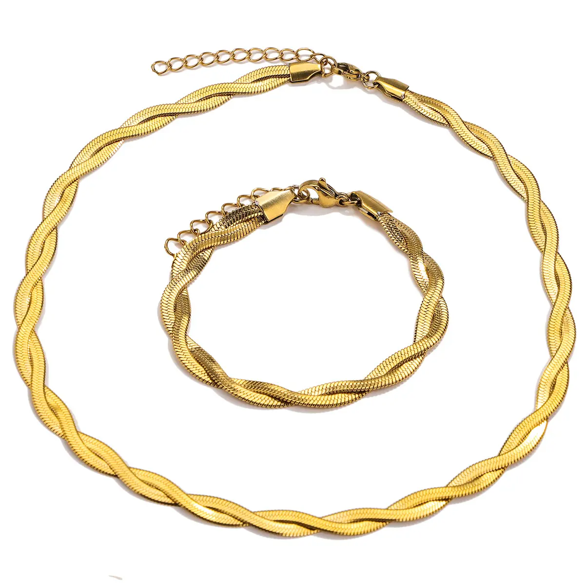 Real 18k Gold Two Tone Double Layer Herringbone Chain Necklace Bracelet Stainless Steel Flat Twist Snake Chain Necklace set