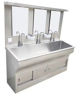 Évier simple en acier inoxydable avec armoire et robinets doubles pour cuisines commerciales, design industriel, surface brossée - Product Image 4
