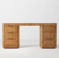 Bureau de direction en bois massif de style Mid-Century, placage de bois de bruyère, double piétement, 6 tiroirs, poignées dorées, hauteur réglable, bureau personnalisable