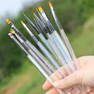 Clear Plastic Handle Nail Art Brushes Fine Nylon Liner Flower Petal Daisy Drawing Ombre Fan Blending Oval Flat Gel Brush <b>Set</b> - Product Image 1