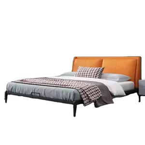 Muebles para el hogar, dormitorio, cama de plataforma de metal de madera resistente con cabecero suave, marco de cama doble moderno