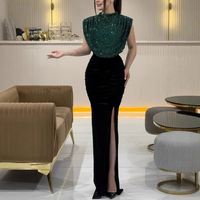 Robe longue élégante à taille haute pour femme, nouvelle année 2025, mode féminine, sans manches, drapée, fendue, décontractée, col rond, sequins, robe de soirée