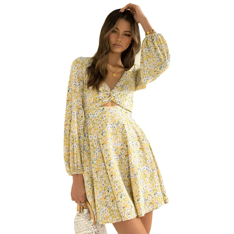 New Product Floral Women's Fashion Short Skirt V Neck Long Sleeve High Value Dress