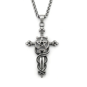 Yunnique – pendentif croix en acier inoxydable avec pentagramme et design d'épée, collier unisexe pour bijoux de style rétro punk - Product Image 1