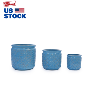 Livraison gratuite depuis les États-Unis, livraison rapide en 3 jours, lot de 3 pots de fleurs en céramique faits à la main, bleus avec motif géométrique, pour la maison et le jardin - Product Image 1